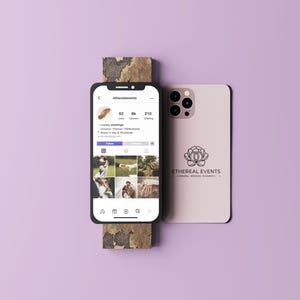 May include: A smartphone displaying an Instagram profile with wedding photos, resting on a textured wooden block. A second phone, with the "Ethereal Events" logo, is next to it, all on a lavender background. The Instagram profile is for "etherealevents".