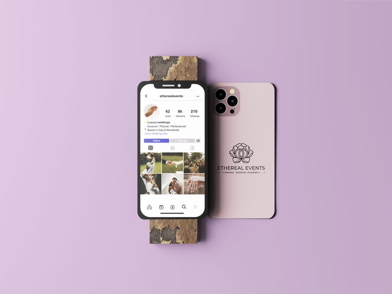 May include: A smartphone displaying an Instagram profile with wedding photos, resting on a textured wooden block. A second phone, with the "Ethereal Events" logo, is next to it, all on a lavender background. The Instagram profile is for "etherealevents".