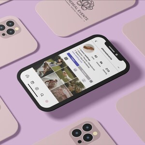 May include: A smartphone displaying an Instagram profile with wedding photos, surrounded by several pink phone cases and cards. The phone cases and cards have a floral logo and the text "ETHEREAL EVENTS". The background is a light purple color.