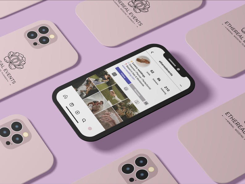 May include: A smartphone displaying an Instagram profile with wedding photos, surrounded by several pink phone cases and cards. The phone cases and cards have a floral logo and the text "ETHEREAL EVENTS". The background is a light purple color.