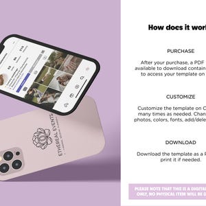 May include: A light pink phone case with a floral logo and the text "ETHEREAL EVENTS". Above it, a smartphone displays an Instagram profile. The background is a light purple color. Text on the right side explains how to use the product.