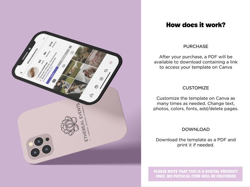 May include: A light pink phone case with a floral logo and the text "ETHEREAL EVENTS". Above it, a smartphone displays an Instagram profile. The background is a light purple color. Text on the right side explains how to use the product.