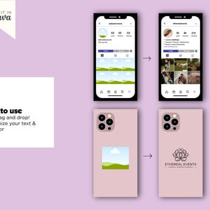 May include: A digital design template with two smartphones displaying Instagram profiles and two pink phone cases. The text "Easy to use" and "Edit in Canva" are visible. The phone cases feature a landscape image and a floral logo.