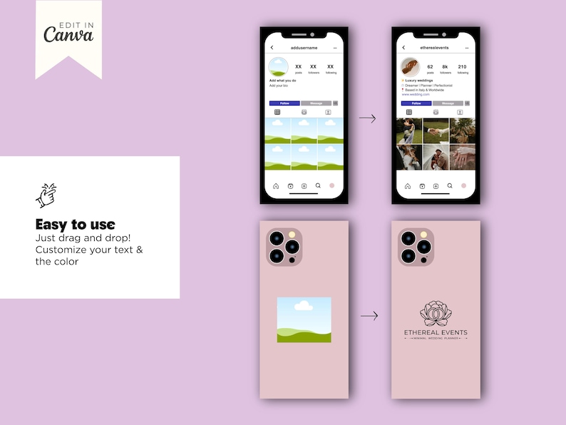 May include: A digital design template with two smartphones displaying Instagram profiles and two pink phone cases. The text "Easy to use" and "Edit in Canva" are visible. The phone cases feature a landscape image and a floral logo.