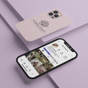 May include: A light pink phone case with the text "ETHEREAL EVENTS" and a floral logo. A smartphone displays an Instagram profile with wedding photos. The phone and case are on a lavender surface.