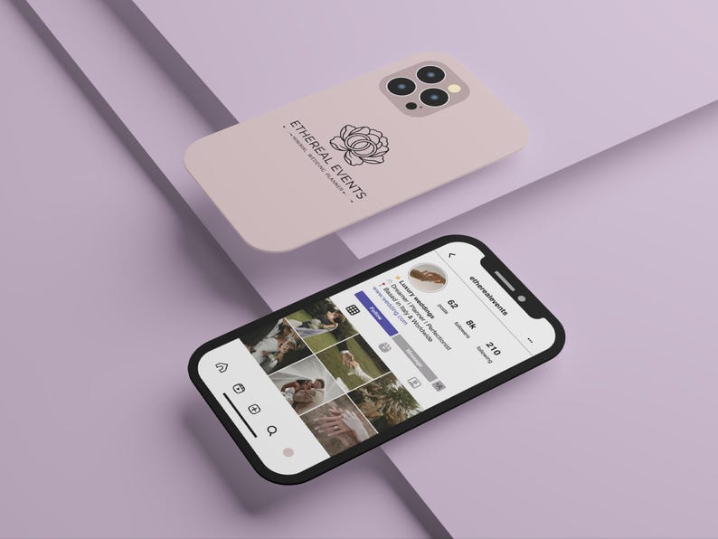 May include: A light pink phone case with the text "ETHEREAL EVENTS" and a floral logo. A smartphone displays an Instagram profile with wedding photos. The phone and case are on a lavender surface.