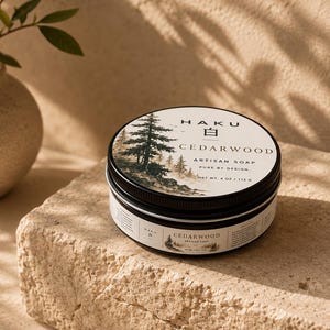 May include: A round black metal tin of Haku Cedarwood artisan soap. The lid features a white label with a black ink illustration of a forest, the text HAKU, the Japanese character for white, CEDARWOOD, and NET WT. 4 OZ / 113 G printed on the side.