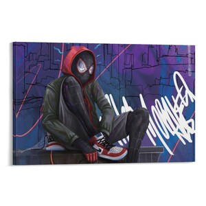 May include: Canvas art print featuring a stylized illustration of a superhero in a black and red suit, seated against a graffiti-covered wall. The character wears a red hooded jacket and red and white sneakers. The background is a mix of purple and blue.
