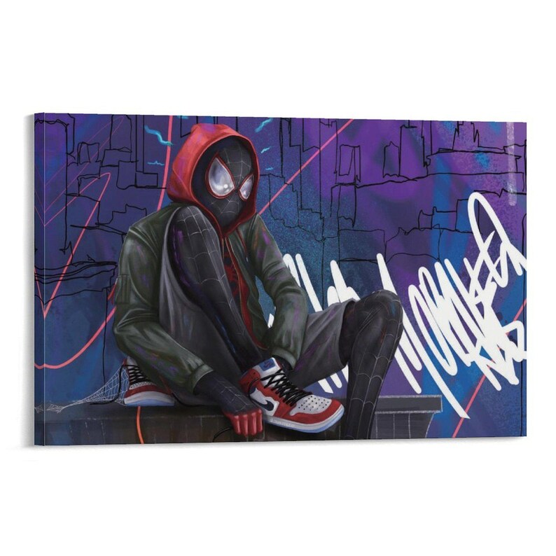 May include: Canvas art print featuring a stylized illustration of a superhero in a black and red suit, seated against a graffiti-covered wall. The character wears a red hooded jacket and red and white sneakers. The background is a mix of purple and blue.