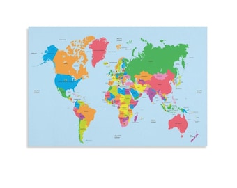 Poster carte du monde rétro coloré : décoration murale en toile pour salle de classe