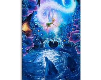 Tinker Bell Fairy Tale Art Canvas Print: Dolphins, Magical Night Sky Wall Decor