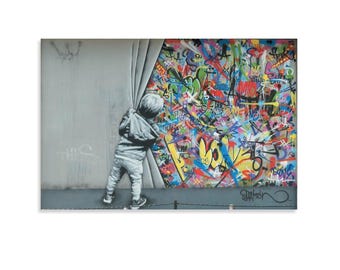 Banksy Style Kid Pulling Curtain Canvas Poster, Colorful Graffiti Wall Art