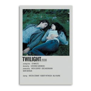 May include: A poster for the film "Twilight" from 2008, showing two people lying on grass. The poster includes the movie title, year, running time, director, producer, and cast details. The color scheme is subdued, with emphasis on greens and blues.
