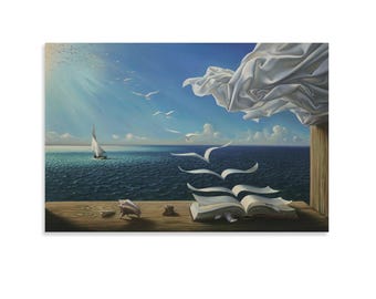 Book Pages Turning into Seagulls Canvas Print, Surreal Ocean Art, Blue Sky & Sea Wall Art, Aesthetic Canvas Decor for Living Room