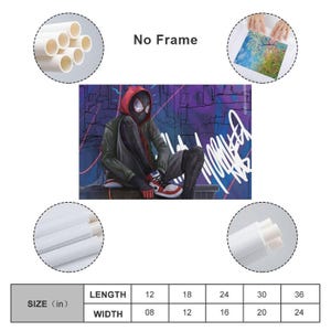 May include: A canvas print featuring a seated superhero in a black and red suit with a red hood. The background has graffiti art in purple and white. The print is available in various sizes, with a length of 12 to 36 inches and a width of 8 to 24 inches. The text "No Frame" is visible.