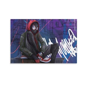 May include: Illustration of a superhero in a black and red suit with a red hooded jacket, sitting on a ledge. The background features graffiti art in shades of purple and blue, with white scribbles.