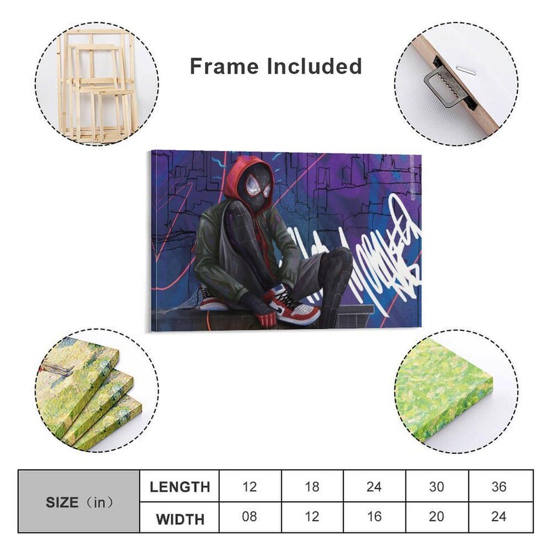May include: Canvas art print featuring a superhero in a red and black suit, seated against a purple and blue graffiti background. The artwork includes the text "Frame Included" and size dimensions in inches.