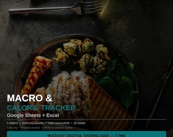 Hoja de cálculo para el seguimiento de macronutrientes y calorías / Google Sheets, Excel (Descarga digital)