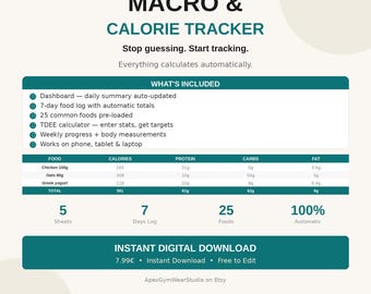 Macro Calorie Tracker Spreadsheet | Google Sheets, Excel (Digital Download)