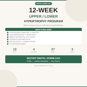 Puede incluir: Gráfico de descarga digital para un programa de hipertrofia Upper/Lower de 12 semanas. El diseño incluye texto que detalla las características del programa, como los días de entrenamiento, las fases y los conceptos básicos de nutrición. El gráfico es principalmente blanco y verde.