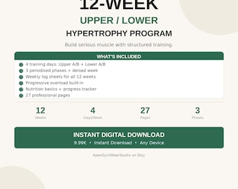 Programa de hipertrofia de 12 semanas para la parte superior e inferior del cuerpo / Planificador de entrenamiento para el desarrollo muscular (descarga digital)