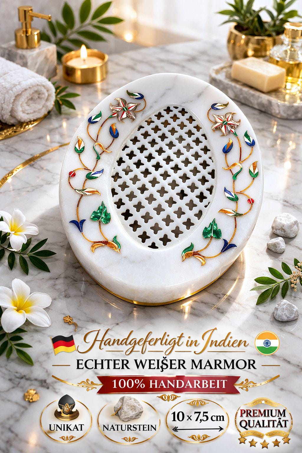 Handcrafted marble soap dish from Agra (India) - Luxury natural stone inlays