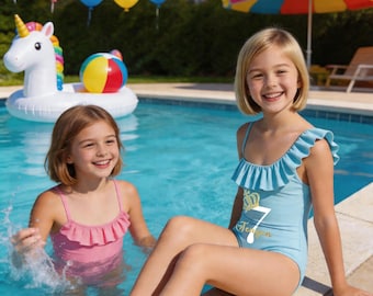 Gepersonaliseerde kinderbadpak, aangepaste verjaardagskroon, meisjesbadpak poolparty, strandkleding uit één stuk
