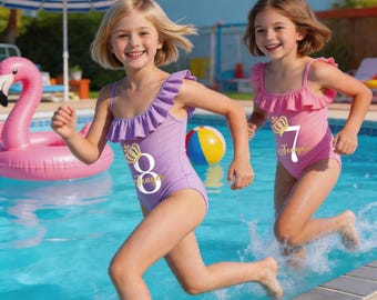 Gepersonaliseerde kinderbadpak, aangepaste verjaardagskroon, meisjesbadpak poolparty, strandkleding uit één stuk