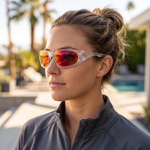 Oakley Clear Frame Sonnenbrille Rot verspiegelt, leichte Retro Bergsteigen Brille, Y2K Gorpcore Sport Wrap