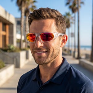 K&ouml;nnte beinhalten: Sonnenbrille mit transparentem Rahmen und rot get&ouml;nten Gl&auml;sern. Die Sonnenbrille hat ein sportliches Design und wird von einer Person getragen. Der Hintergrund zeigt Palmen und eine sonnige Umgebung im Freien.