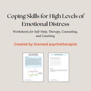 Könnte beinhalten: Ein digitales Dokument mit dem Titel Coping Skills for High Levels of Emotional Distress, Worksheets for Self-Help, Therapy, Counseling, and Coaching, Created by licensed psychotherapist, mit zwei Seiten: Skills - Immediate Help und My Personal Crisis Kit.