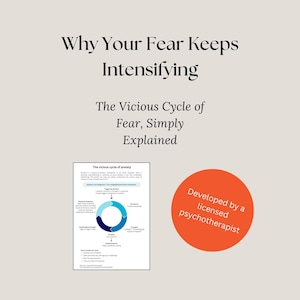 May include: An image with the text "Why Your Fear Keeps Intensifying" and "The Vicious Cycle of Fear, Simply Explained." A diagram illustrates the cycle of anxiety. An orange circle states "Developed by a licensed psychotherapist."