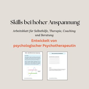 以下が含まれることがあります： Skills bei hoher Anspannungと題されたワークシートで、セルフヘルプ、セラピー、コーチング用の2ページ構成です。1ページ目にはストレスレベルのグラフがあり、2ページ目には個人用緊急キットのテンプレートが記載されています。
