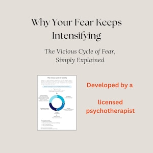 Könnte beinhalten: Ein Poster mit dem Titel Why Your Fear Keeps Intensifying: The Vicious Cycle of Fear, Simply Explained. Es enthält ein Diagramm mit dem Titel The vicious cycle of anxiety, das einen kreisförmigen Ablauf von Symptomen und Gedanken zeigt, sowie den Text Developed by a licensed psychotherapist.