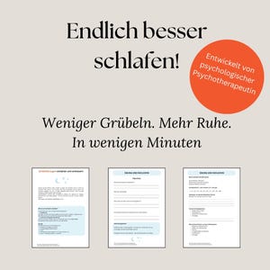 Könnte beinhalten: Bild von drei Seiten mit Text und Illustrationen, die einen besseren Schlaf fördern. Der obere Text lautet "Endlich besser schlafen!" mit einem roten Kreis mit der Aufschrift "Entwickelt von psychologischer Psychotherapeutin."