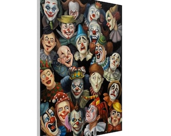 Print – Twenty Clown Faces, Whimsical Circus Wall Art, Canvas