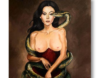 Original Oil Painting, Woman and Serpent Wall Art, Dark Goddess Portrait, Gothic Home Decor
