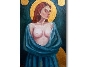 Original Gold Leaf Nude Oil Painting, Sacred Feminine Wall Art, Celestial Woman Portrait, Spiritual Gold Halo Painting