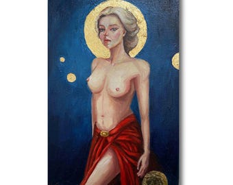 Original Oil Painting, Red Goddess Celestial Portrait, Gold Leaf Accents