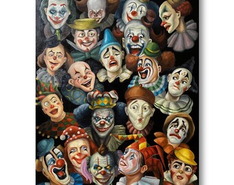 Original Oil Painting – Twenty Clown Faces, Whimsical Circus Wall Art