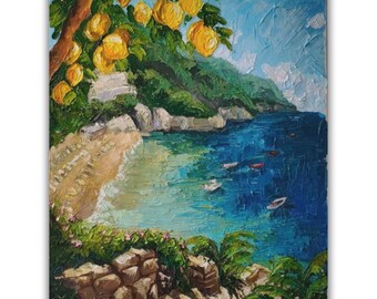 Original Oil Painting, Mediterranean Lemons Landscape, Impasto Texture Wall Art