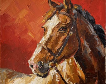 Original Oil Horse Painting, Impasto Texture Art, Light Tones Wall Art, Red Background Equestrian Decor