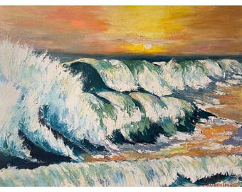 Ocean Waves Oil Painting – Sunset Seascape Original Art | Impasto Textured Canvas | Coastal Wall Decor