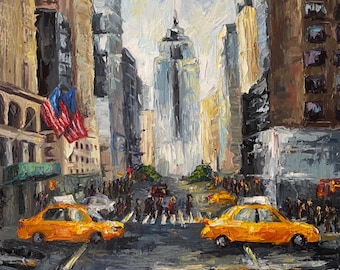 New York Street Impasto Oil Painting: Yellow Taxis, Cityscape Texture (55 x 45 cm)