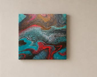 "Ella es un poco fría" – Lienzo de arte fluido original de 14x14 pulgadas / Pintura abstracta con técnica de deslizamiento / Decoración moderna para pared.