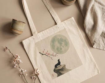 Minimalistische teckeltas, Sakura Moon canvas tas, cadeau voor hondenmoeder, Japandi kersenbloesem tas, neutrale teckeltas