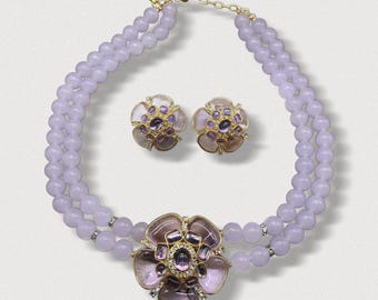 Conjunto de joyas de lavanda de inspiración vintage, collar y pendientes de flores con cuentas en tono dorado, regalo romántico de boda para ella.