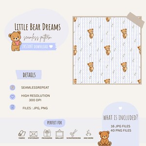 Könnte beinhalten: Ein digitales nahtloses Muster mit dem Titel Little Bear Dreams, das braune Teddybären mit rosa Herzen auf einem hellblau-weiß gestreiften Hintergrund mit kleinen Blumen zeigt. Das Set enthält 16 JPG- und 40 PNG-Dateien mit 300 DPI.