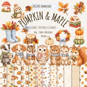 Könnte beinhalten: Eine digitale Download-Sammlung mit dem Titel PUMPKIN & MAPLE mit Aquarell-Illustrationen von Waldtieren, Herbstlaub, Kürbissen, Pilzen und gemusterten Papieren. Enthält Text: DIGITAL DOWNLOAD, PUMPKIN & MAPLE, CLIPART, PATTERNS & FRAMES, PNG - 3600 x 3600 pixels, 300 DPI.