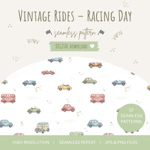 Könnte beinhalten: Ein digitales nahtloses Muster mit Aquarellillustrationen von Oldtimern und Doppeldeckerbussen in gedeckten Farben. Der Text lautet VINTAGE RIDES - RACING DAY, seamless pattern, DIGITAL DOWNLOAD und 12 SEAMLESS PATTERNS auf hellem Grund.